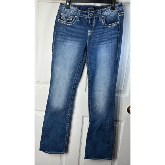Vigoss Jeans Wms 5/6 Dublin Slim Heritage Bootcut Med Wash Mid-Rise Studded Flap - Picture 1 of 16